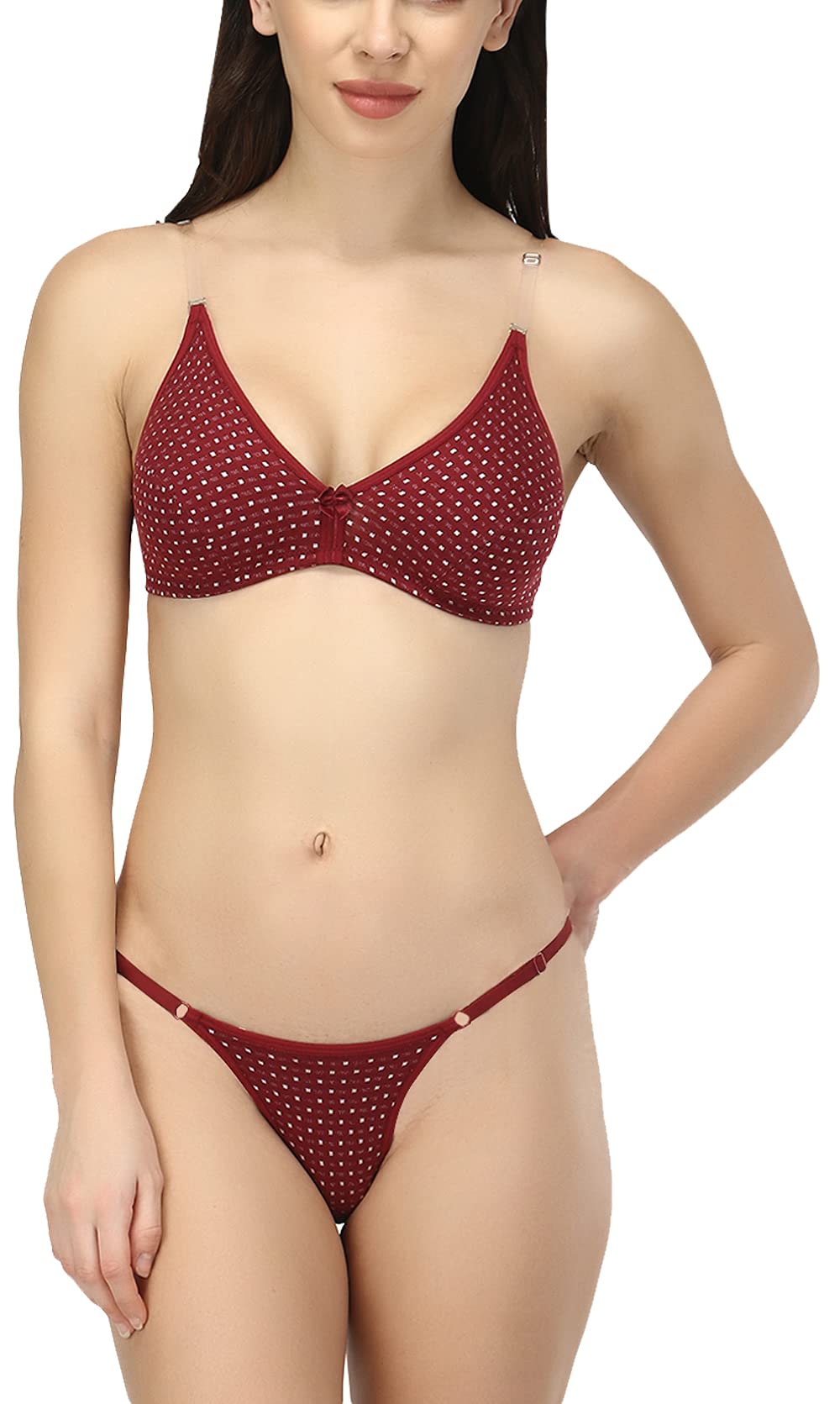 MSIU-Women and Girl Cotton Amberoid Bra Panty Set for Women Lingerie Set Regular Panty Bra Set with Thong Panty (Maroon, 32)-image-28