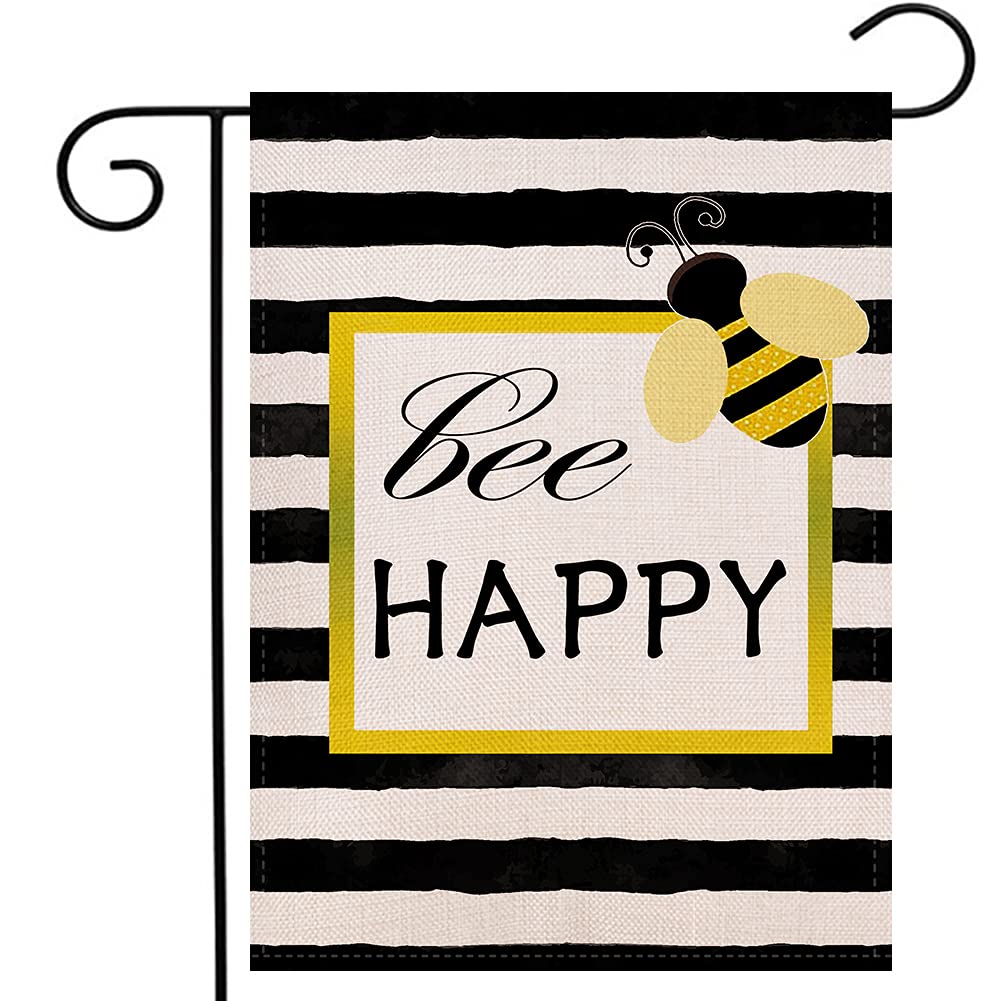 Watercolor Stripes Bee Happy Garden Flag Vertical Double Sided, Summer Holiday Party Yard Outdoor Decoration 12.5 x 18 Inch