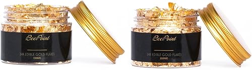 BeePoint Copos de lámina de oro comestibles de 24 quilates Copos de oro de 350 mg para decoración de pasteles, hornear y cocinar, manualidades de