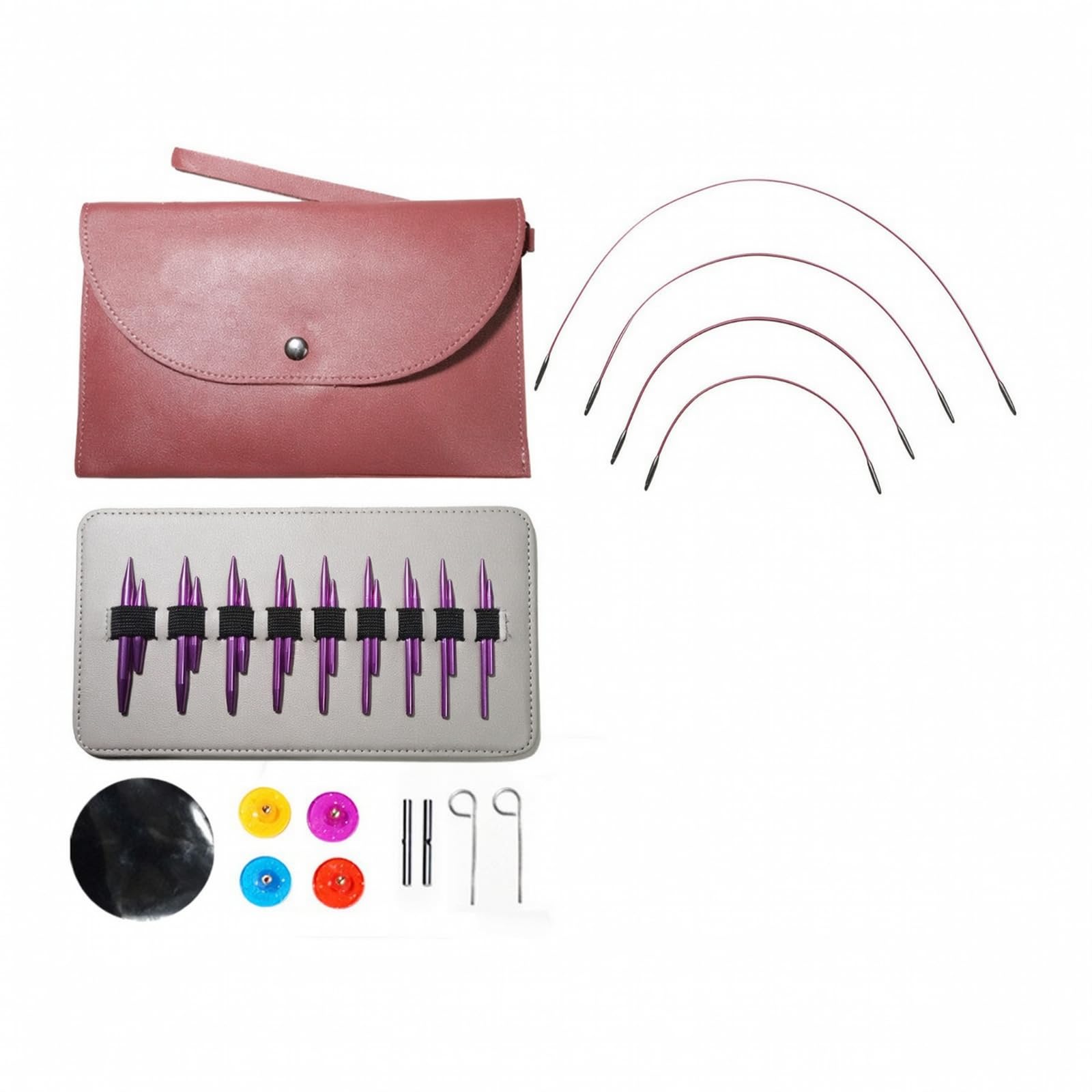 Anillo de Tejido Industrial Set de Agujas Circulares Kit de Te Herramientas Accesorios Estuche de Pu Incluye Cables Topes Conectores Adecuado para Manualidades Viajes Clases