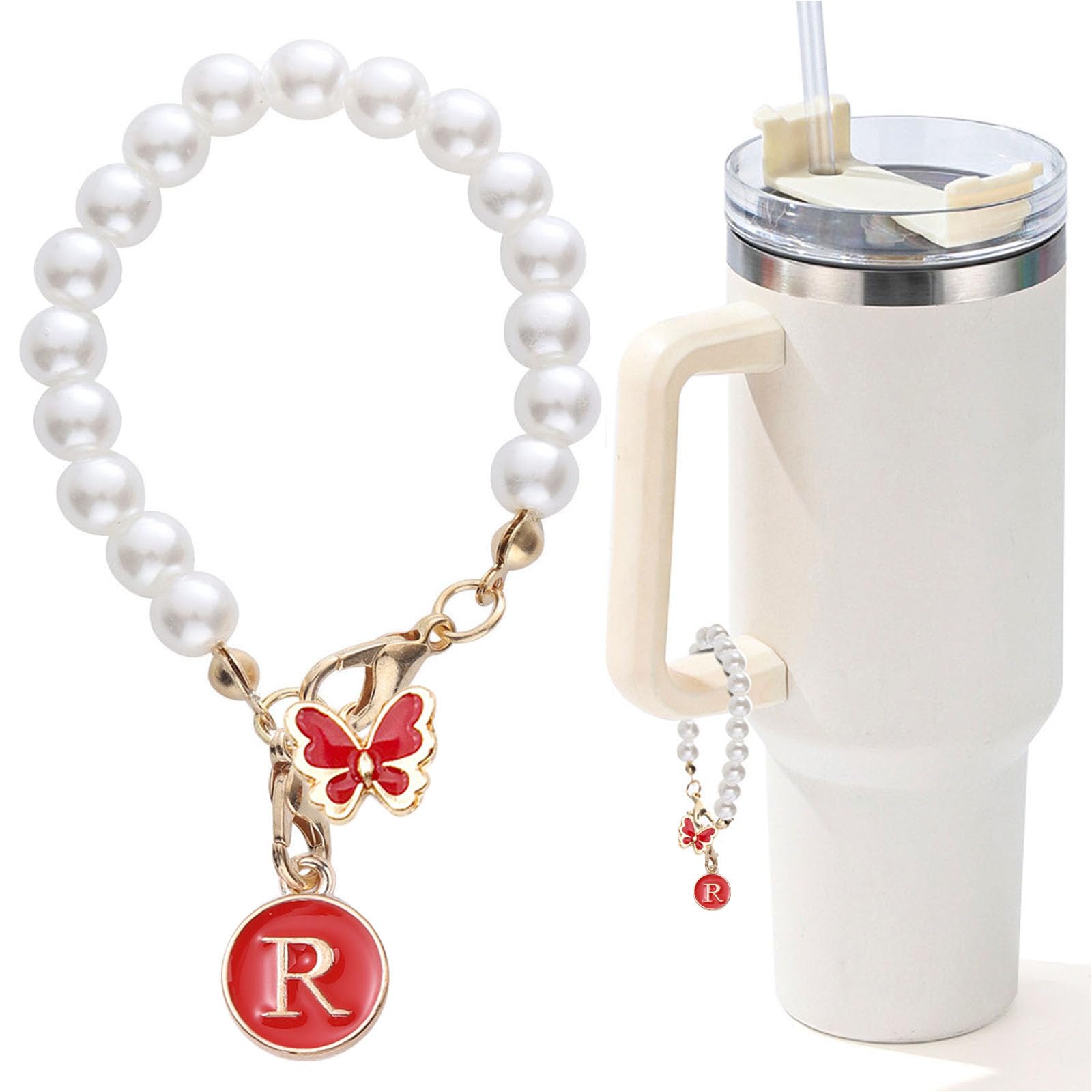 Accessories for Stanley Cup Pearl Chain Initial Accessoriess for Handle Stuff Decor Water Bottle Jewelry Tumbler Cute Simple Modern Personalized Name ID Decorations Letter Red Tag R