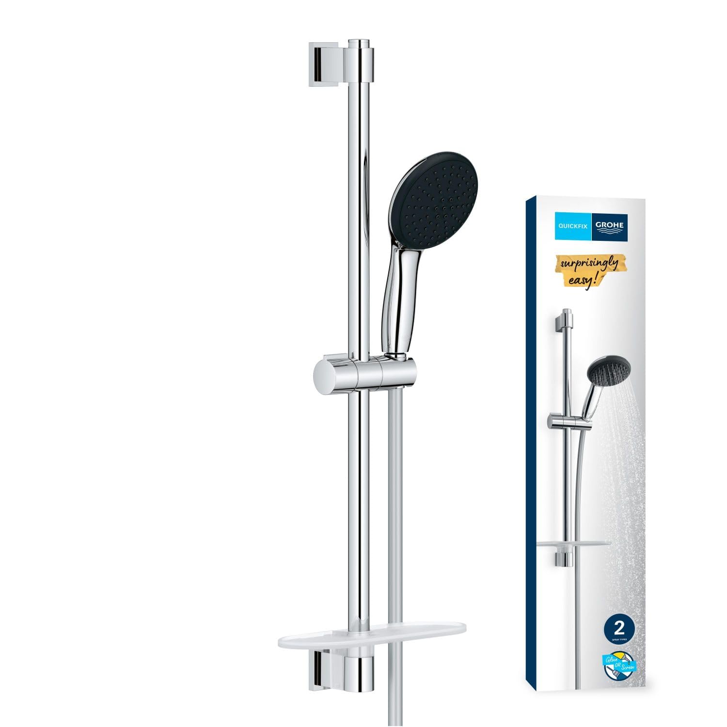 Grohe Chrome Vitalio Start 110 - Shower Set (Round 11 Cm Hand Shower 2 Sprays: Rain & Jet, Anti-Limescale System, Shower Hose 1.75 M, Rail 60 Cm With Tray), Easy To Fit With Quickglue, 26952001