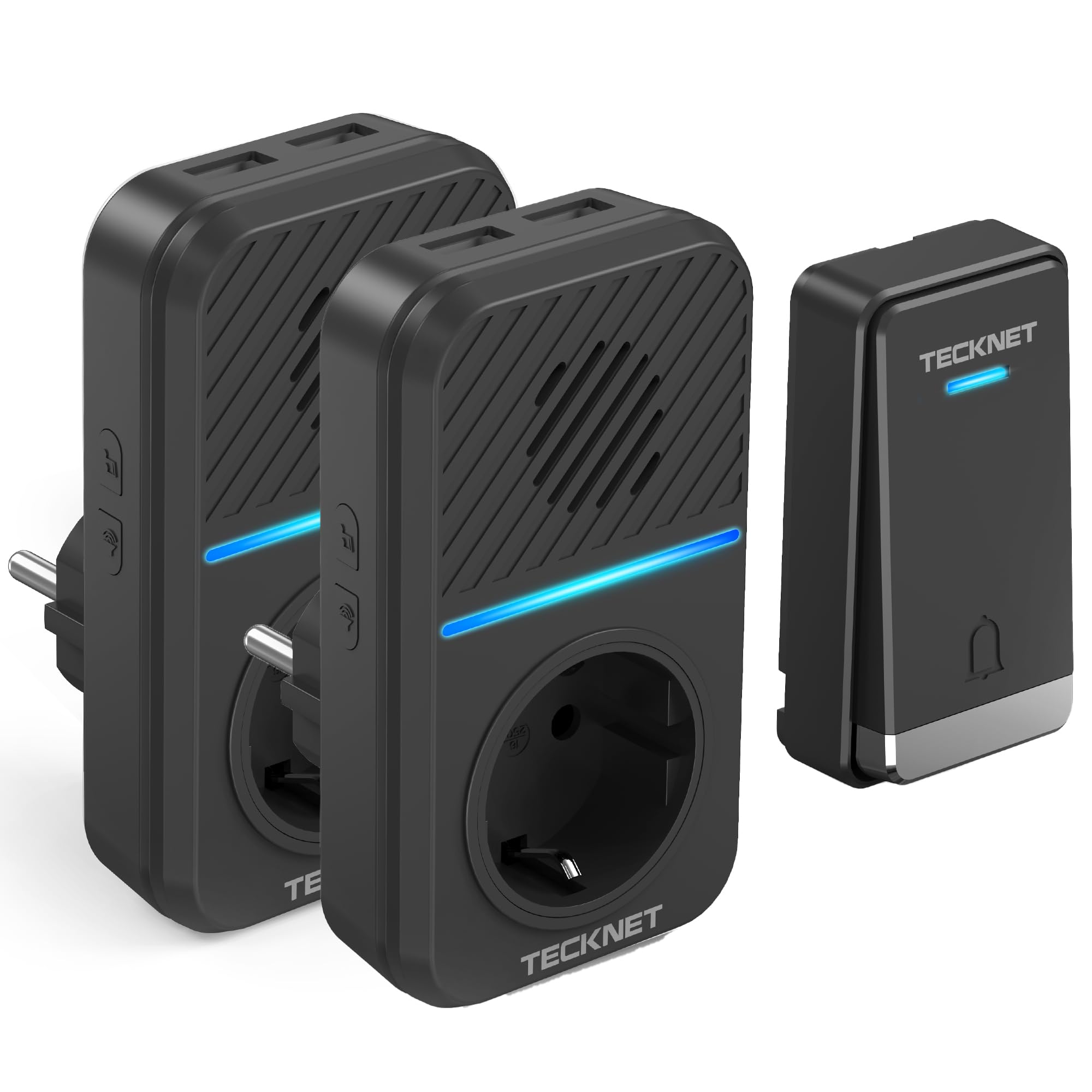 TECKNET Campanello senza fili Kit, 400 m Campanello con 2 ricevitori | 5 Livelli Volume della Porta Senza Fili Autoalimentata con 60 Melodie, IP65 Kit Campanello con Tomas USB Externas y Luz LED