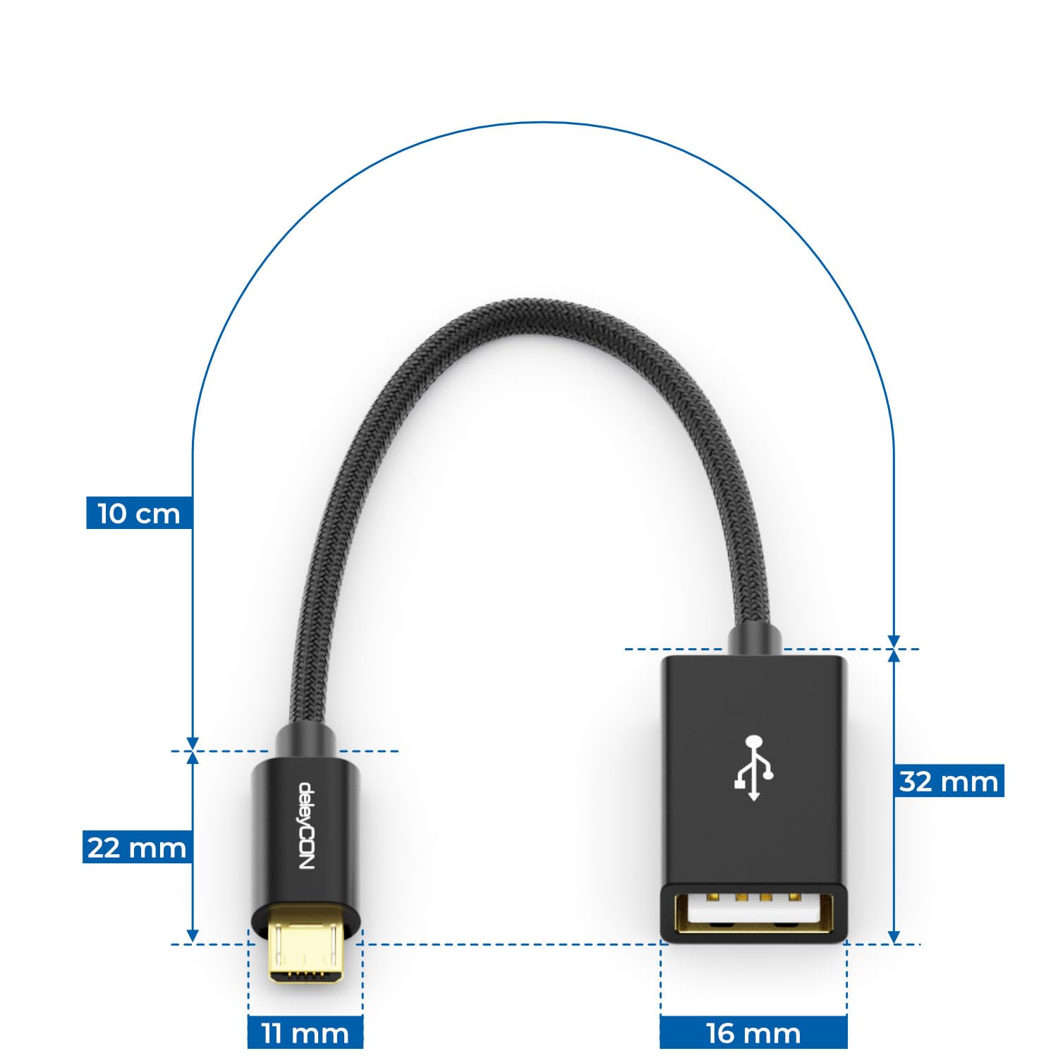 deleyCON 2 Sztuki Adapter OTG USB 2.0 Kabel Nylonowy + Metalowe Złącza - Micro USB na Gniazdo USB-A Kabel Danych - Łączenie Smartfona i Tabletu z Pendrive’em - 10 cm Krótki - Czarny