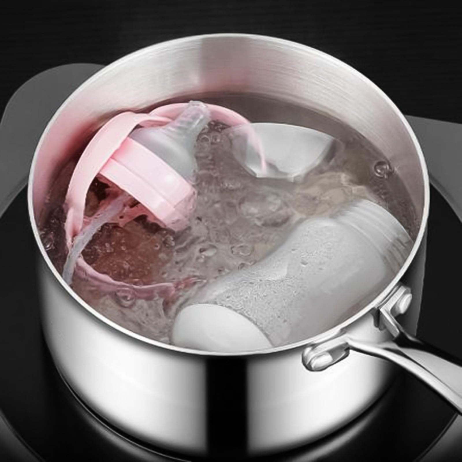 Pentola in acciaio inox 316 con coperchio in vetro, non rivestita, per zuppa di noodles latte, zuppa, pentola anche riscaldata per fornelli a induzione a gas, argento, 33,5 x 14,5 x 12 cm