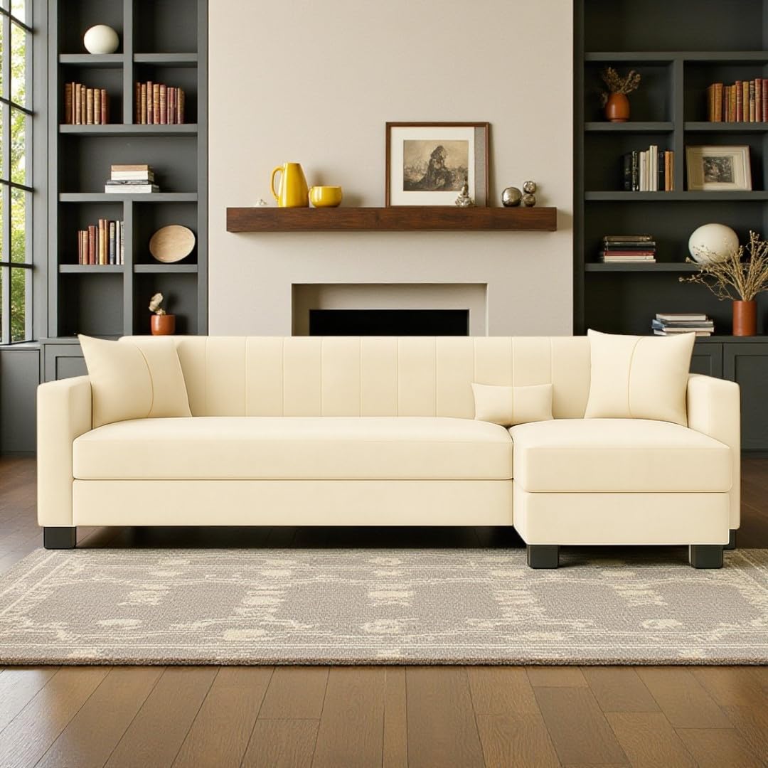 Almeria 5 Seater RHS L Shape Sofa Set | Soft Velvet Suede Fabric | Modern Design | Plush Comfort Cushions for Living Room (Cream) Almeria 5 Seater RHS L Shape Sofa Set | Soft Velvet Suede Fabric | Modern Design | Plush Comfort Cushions for Living Room (Cream)