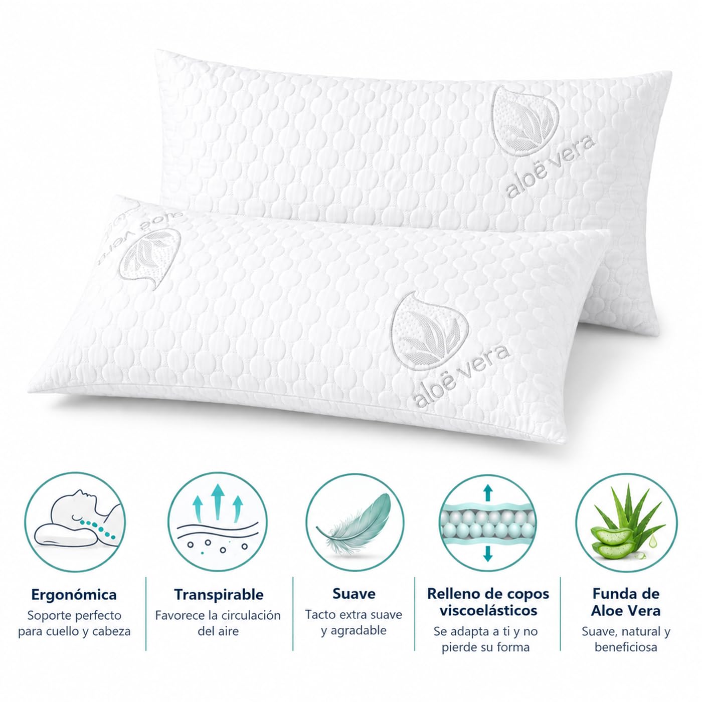 ACCRUX-Almohada de Copos Viscoelásticos, Firmeza Media, Transpirable,Tejido Aloe Vera Suave, Ergonómicas,Termorregulable Adaptable al Cuello. (90cm Pack 2)