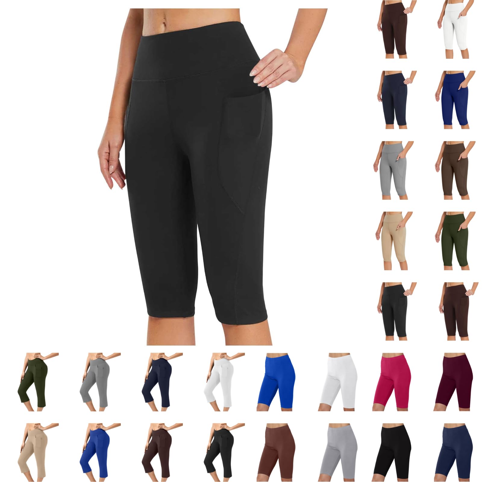 UilluiCapri Leggings with Pockets for Women Tummy Control Stretch High Waisted Yoga Pants Summer Workout Running Leggings