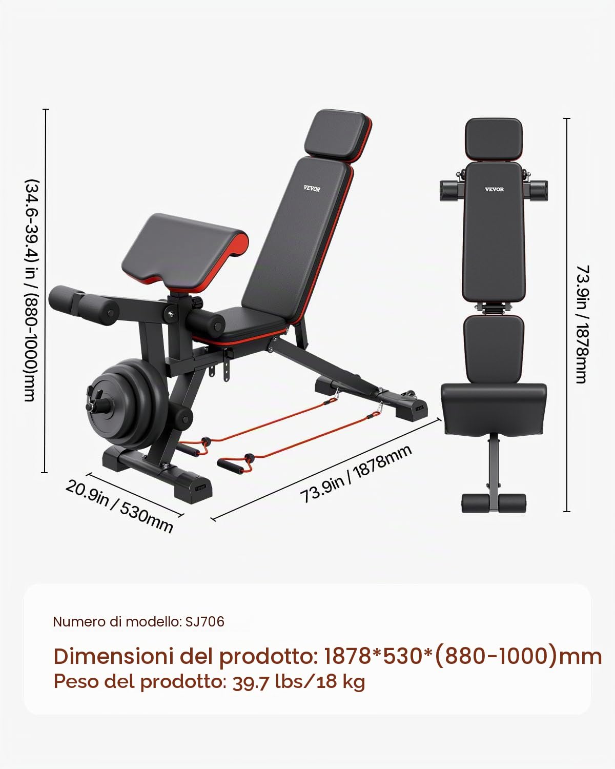 VEVOR Panca pesi Stabile e Resistente per Allenamento Completo del Corpo, Panca Regolabile per Esercizi, per Allenamento Forza con Estensione Gambe, Cuscinetto Antiscivolo Predicatore 363 kg