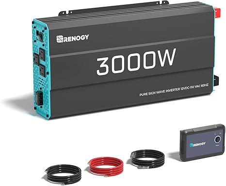 Renogy Inverter P2 3000 watt Pure Sine Wave Inverter, Solar Car Power Inverter 12V to 120V AC Converter for RV, Truck, Camping, Home Backup, Outdoor, Emergency, Off-Grid Living, 16.4FT Remote Control