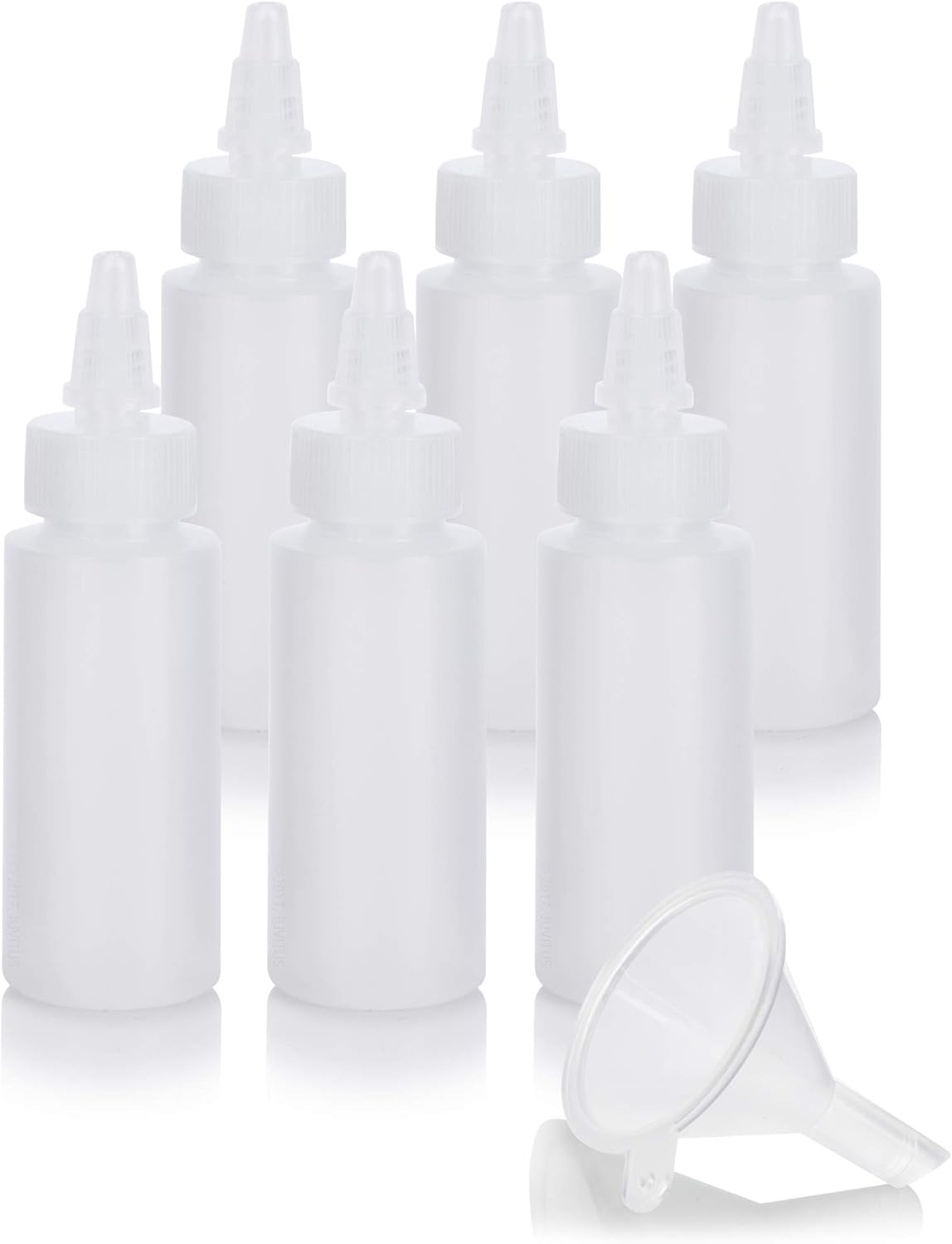 JUVITUS 2 oz Natural Clear Plastic Squeeze Bottle with Twist Top Spout + Funnel (6 pack)