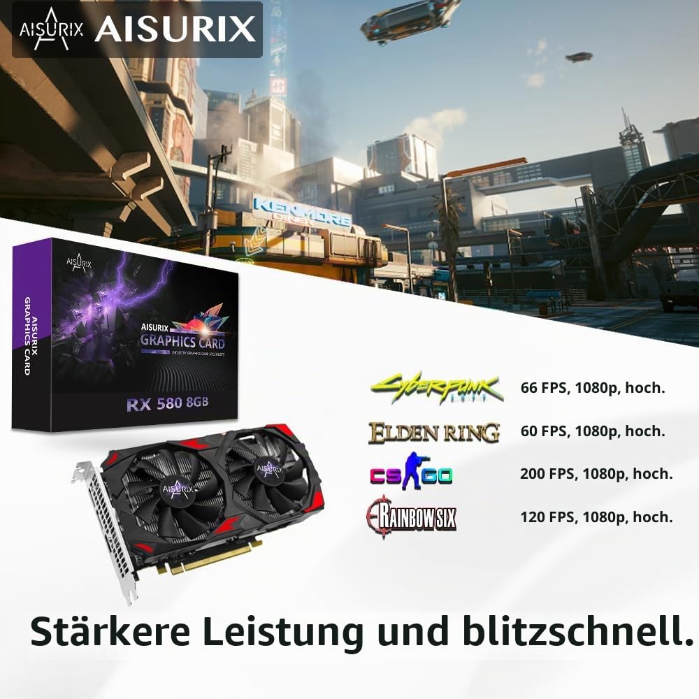 Kelinx AISURIX RX 580 Grafikkarte, 2048SP, Real 8GB, GDDR5, 256 Bit, PC-Gaming-Grafikkarte, 2XDP, HDMI, PCI Express 3.0 mit Freeze Fan Stop für Desktop-Computer, Gaming-GPU
