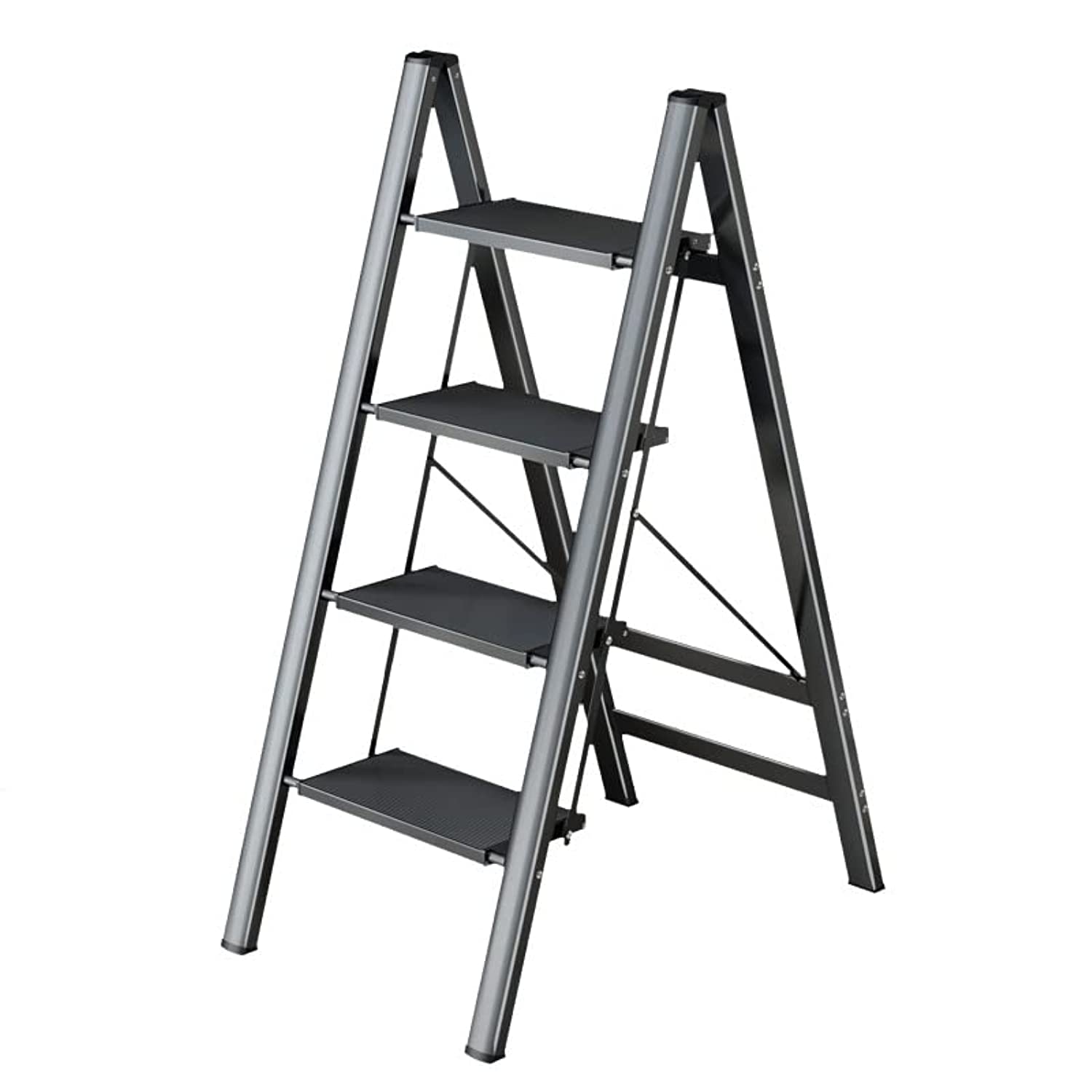 NA 4 Step Ladder Aluminum Lightweight Folding Step Stool Ladder with Anti-Slip and Wide,Platform for Household, Office, Painting - Black