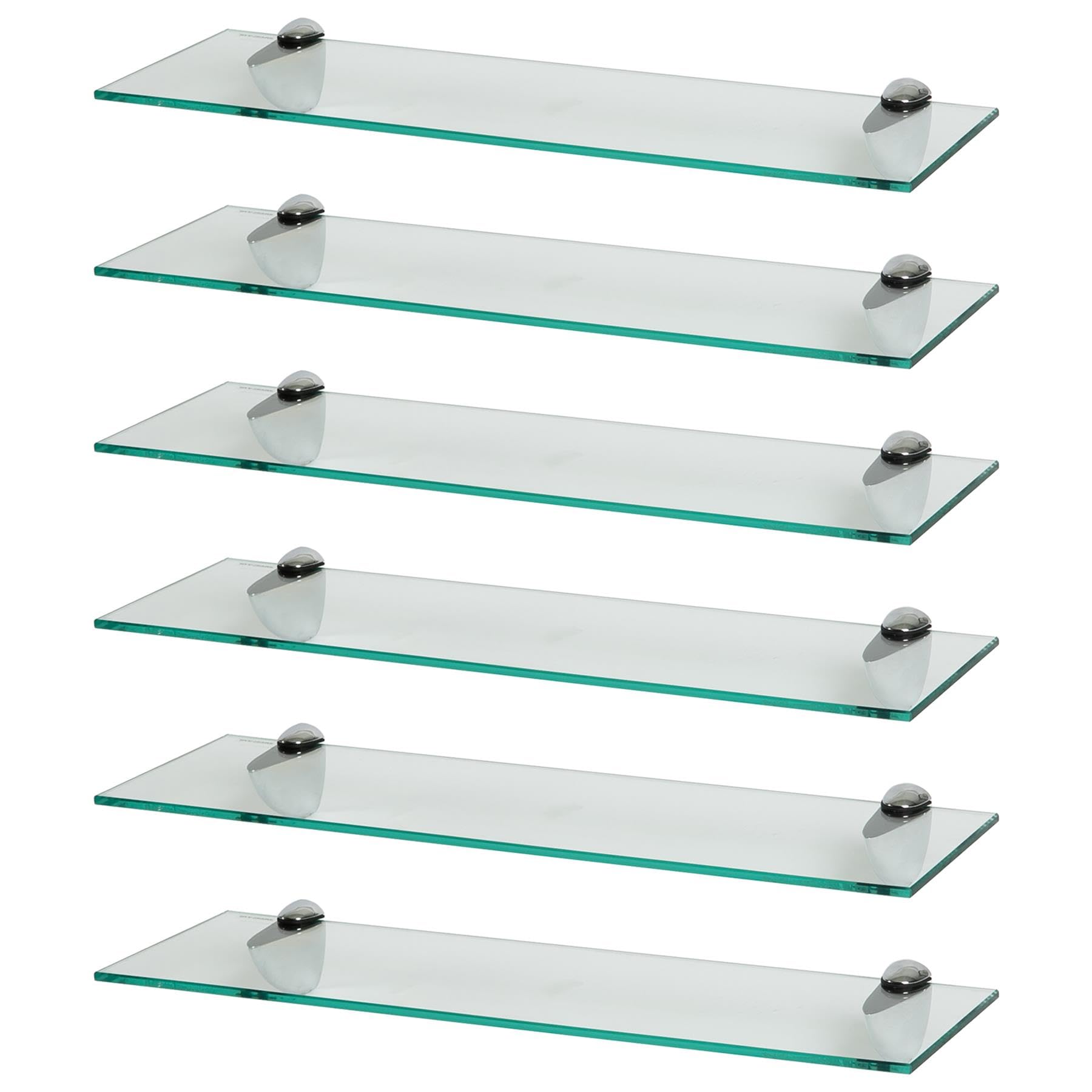Harbour Housewares 6X Clair 60cm Étagères Murales en Verre Flottant - Salle de Bain Douche Cuisine Rayonnage Stockage Unité d'Affichage avec Supports Argentés