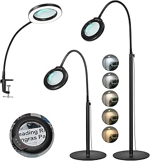 5X Stand Magnifying Glass with Light, Veemagni 24" Flexible Gooseneck 5 Color Modes Stepless Dimmable Magnifying Floor Lamp, 3-in-1 Adjustable Lighted Magnifier Hands Free for Close Work, Esthetican
