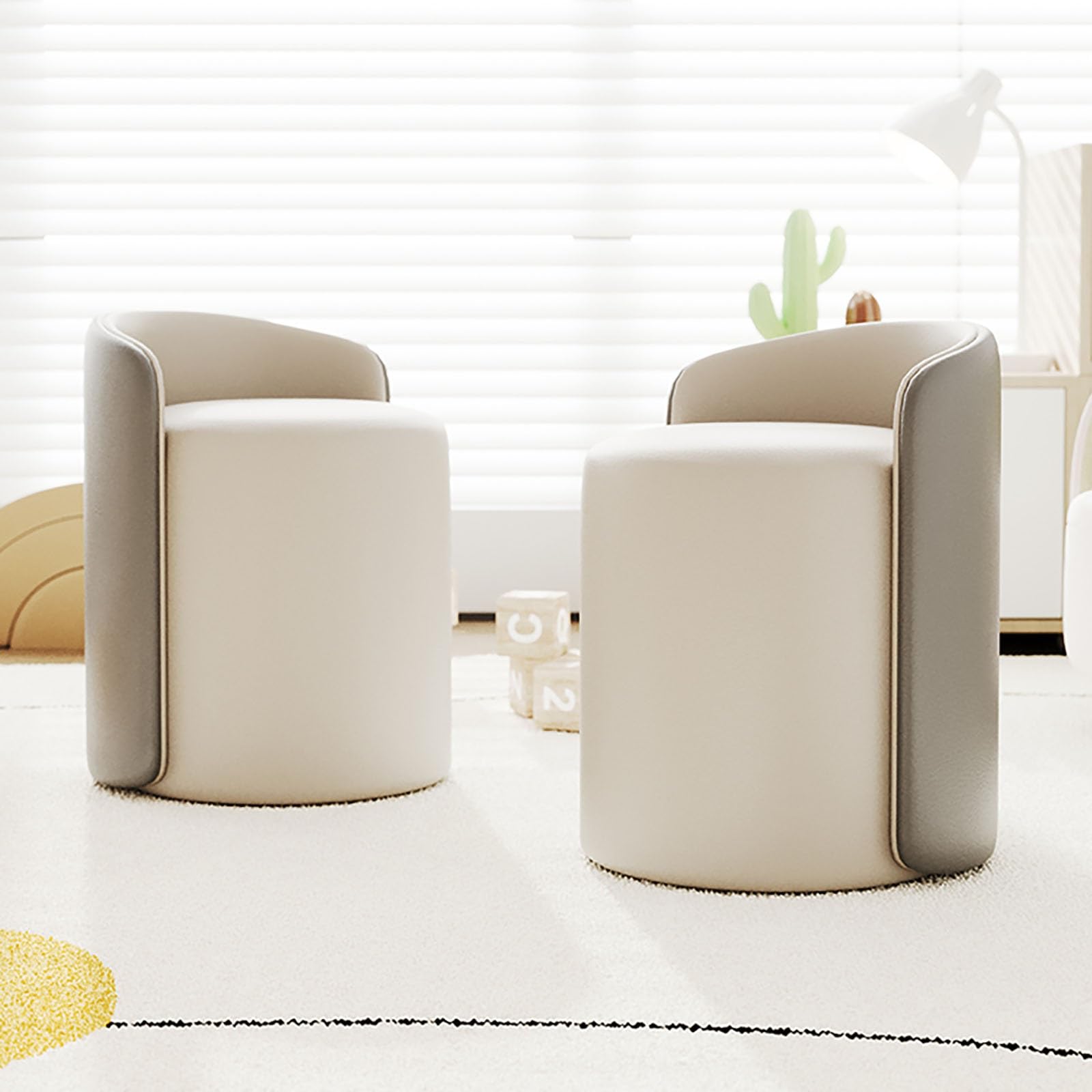 Comodo sgabello da toeletta con schienale, pouf basso rotondo in pelle, sedia da trucco girevole in pelle, sgabello da toeletta imbottito in PU, poggiapiedi(Off-white)