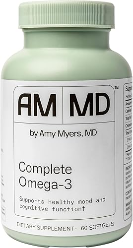 Amy Myers MD Cápsulas blandas completas de omega-3, suplemento de aceite de pescado para apoyo cardiovascular y del sistema inmunológico, sin OMG,
