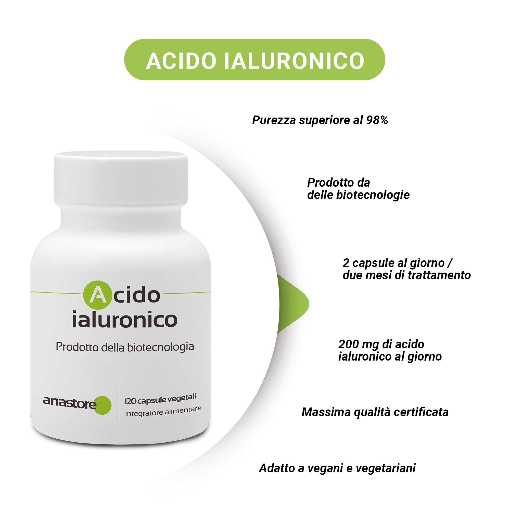 ACIDO IALURONICO di origine BIOTECNOLOGICA * 100mg / 120 capsule vegetali * Purezza garantita al 90% *100% SODDISFATTI o RIMBORSATI* Fabbricato in Francia