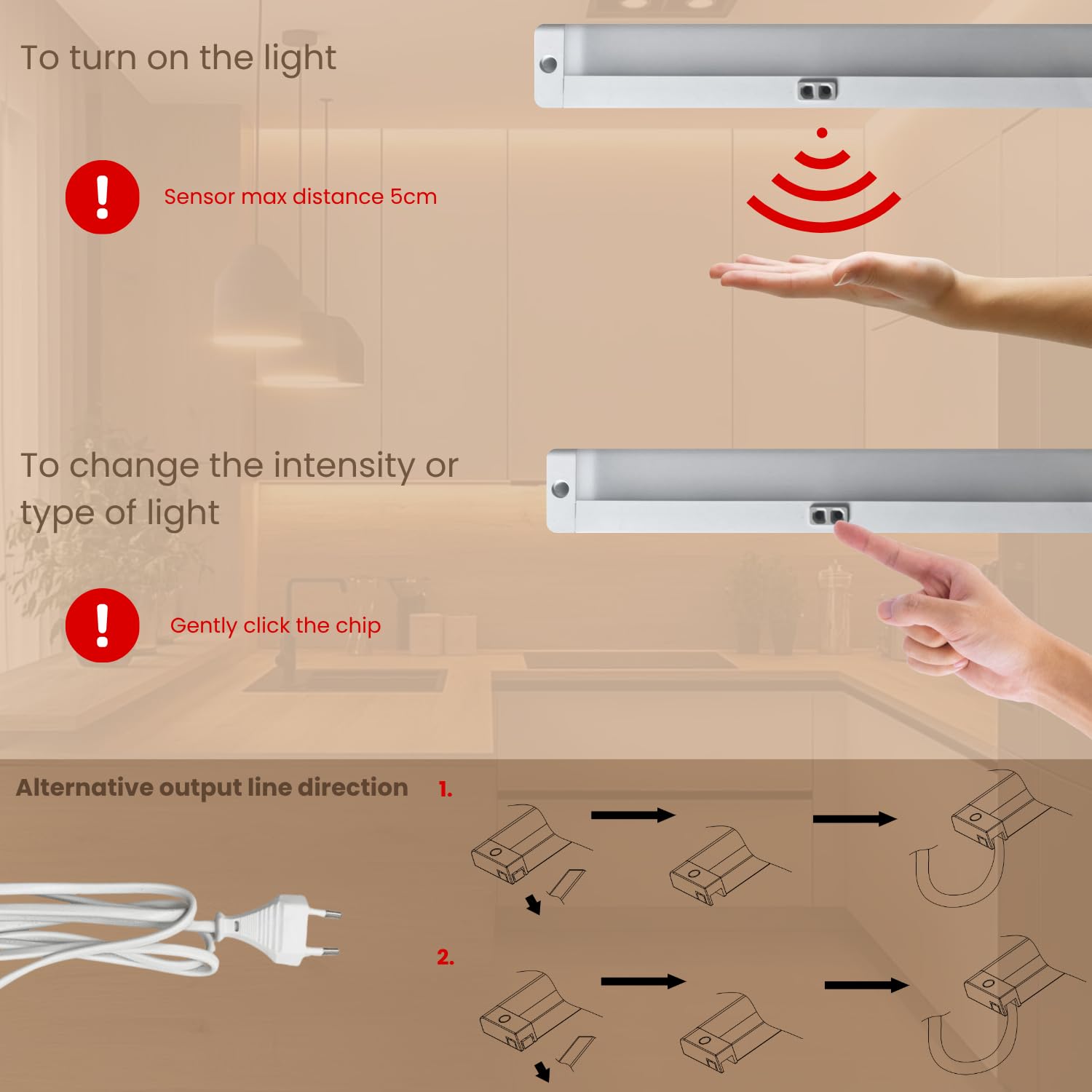Evotrade Luminella Sottopensile LED Marbella con Dimmer Tattile e ON/OFF a Sfioramento – Luce Regolabile 3000-6500K, Lunghezza 60 cm, Cavo 1,5 m con Spina Europea, per Cucina e Ufficio