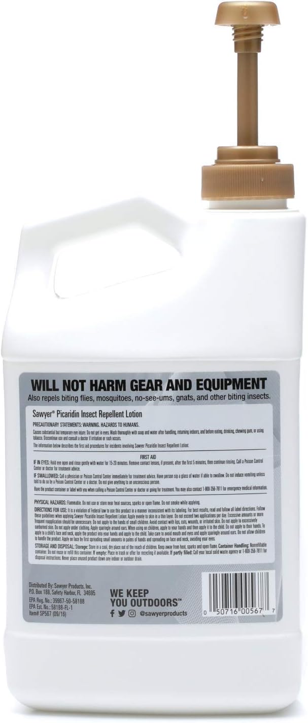 Sawyer Products SP567 Picaridin Insect Repellent 0.5-Gallon Lotion Pump Dispenser, back view with label