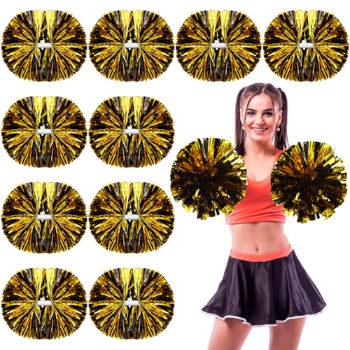 WILLBOND 12pcs Cheerleading Pom Poms Bulk Metallic Foil Cheerleader Pompoms with Baton Handle for 2026 Soccerball Basketball Cheering Squad Team Game Sports Dance Party Spirit (Gold Black)