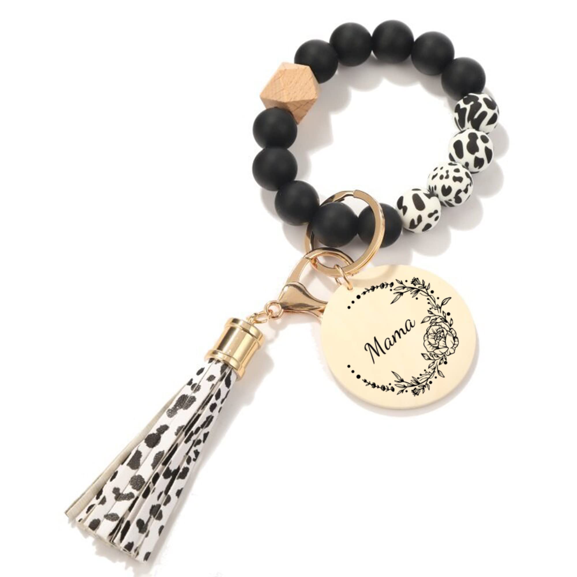 Personalized Bracelet Keychain Wristlet with Name Custom Silicone Bead Wrist Keychain for House Car Keys Gifts for Mom Women