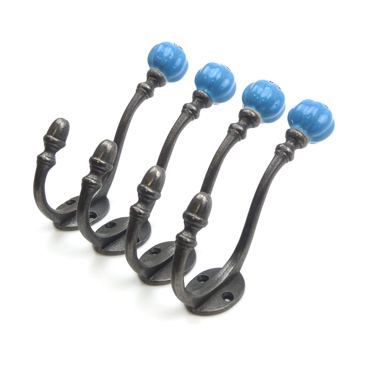 Oakcrafts Sky Blue - Ceramic Tipped Shabby Chic Cast Iron Coat Hook 125Mm (Sky Blue) - Pack Of 4 Hooks