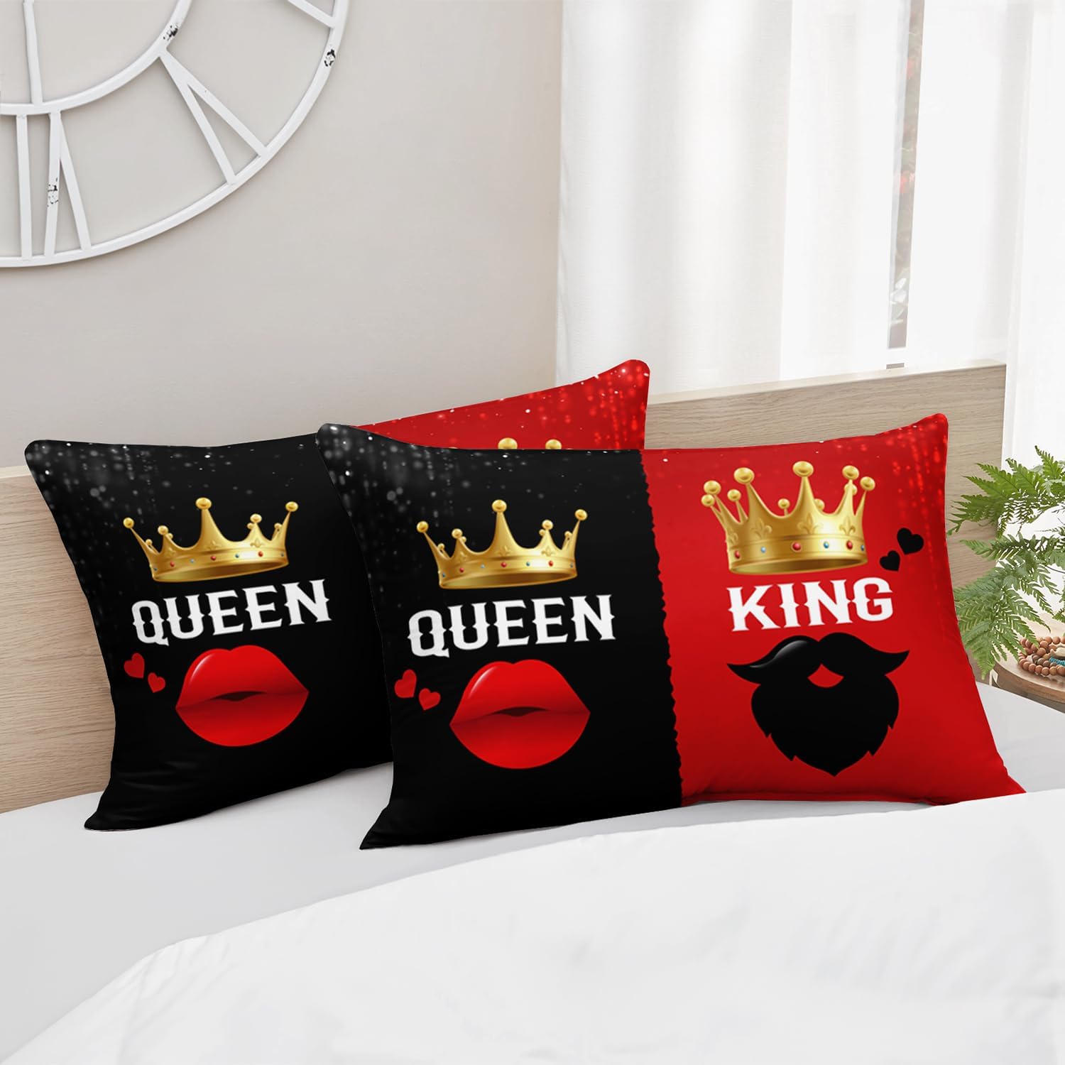 AILONEN King and Queen Comforter Set, Red and Black Crown Queen Comforter Set for Couples,Romantic Mouth and Beard King Queen Comforter with 2 Pillowcases,3 Piece