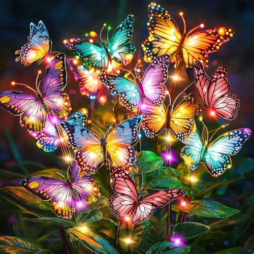 Solar Lights Outdoor Garden Decor: Gardening Gifts for Women Mom - 2 Pack 34 Butterfly Solar Lights with Colorful Bulbs - Outside Waterproof Christmas Decorations for Yard Patio Pathway Porch Lawn