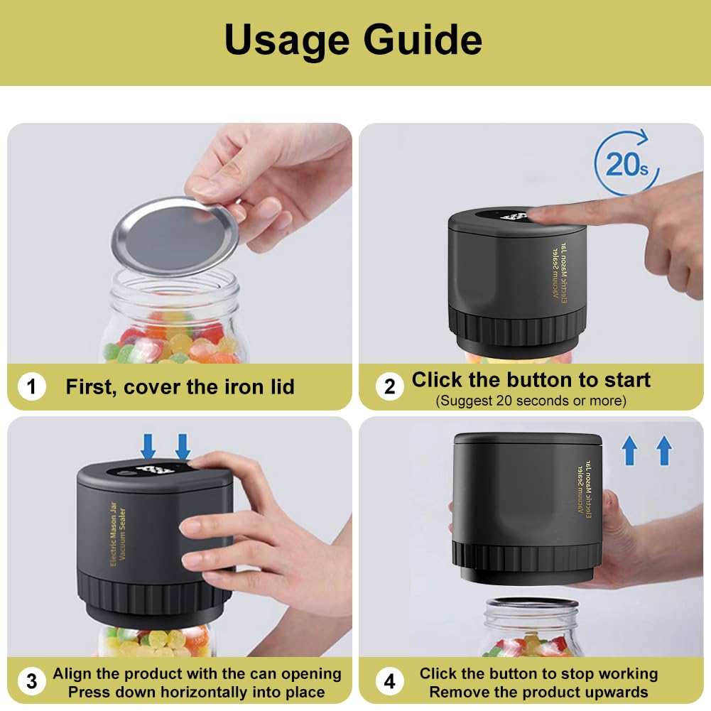 Electric Mason Jar Vacuum Sealer Kit, Vakuumversiegelungsmaschine für Lebensmittel mit LED Anzeige, Einmachglas Versiegelungs Set für die Lebensmittellagerung für Breite und Normale Öffnung (Schwarz)