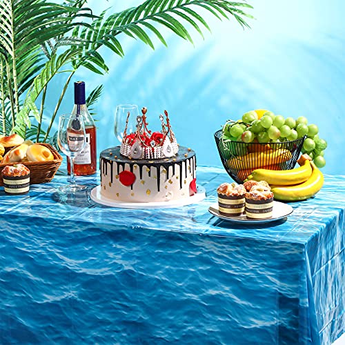 Image of Irenare 3 Pieces Ocean Plastic Tablecloth 54 x 108 Inch Blue | Water Waves Print, Disposable Table Cover for Under the Sea Theme Decoration Beach Pool Party, Birthday Baby Shower Supplies