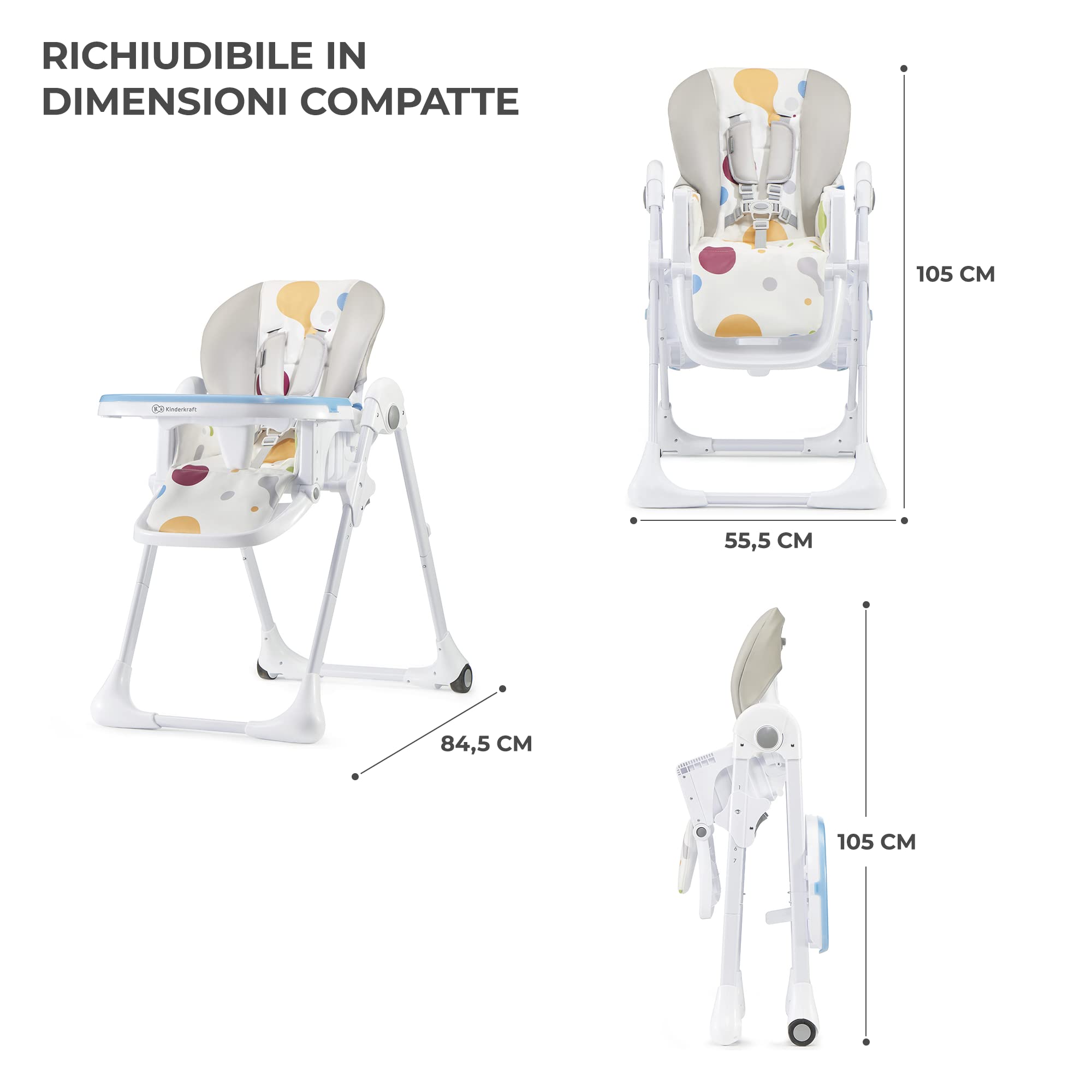 Kinderkraft YUMMY Seggiolone Pappa, Regolabile, Pieghevole, Ripiano Smontabile, Bambini da 6 Mesi fino a 3 Anni, Multicolore
