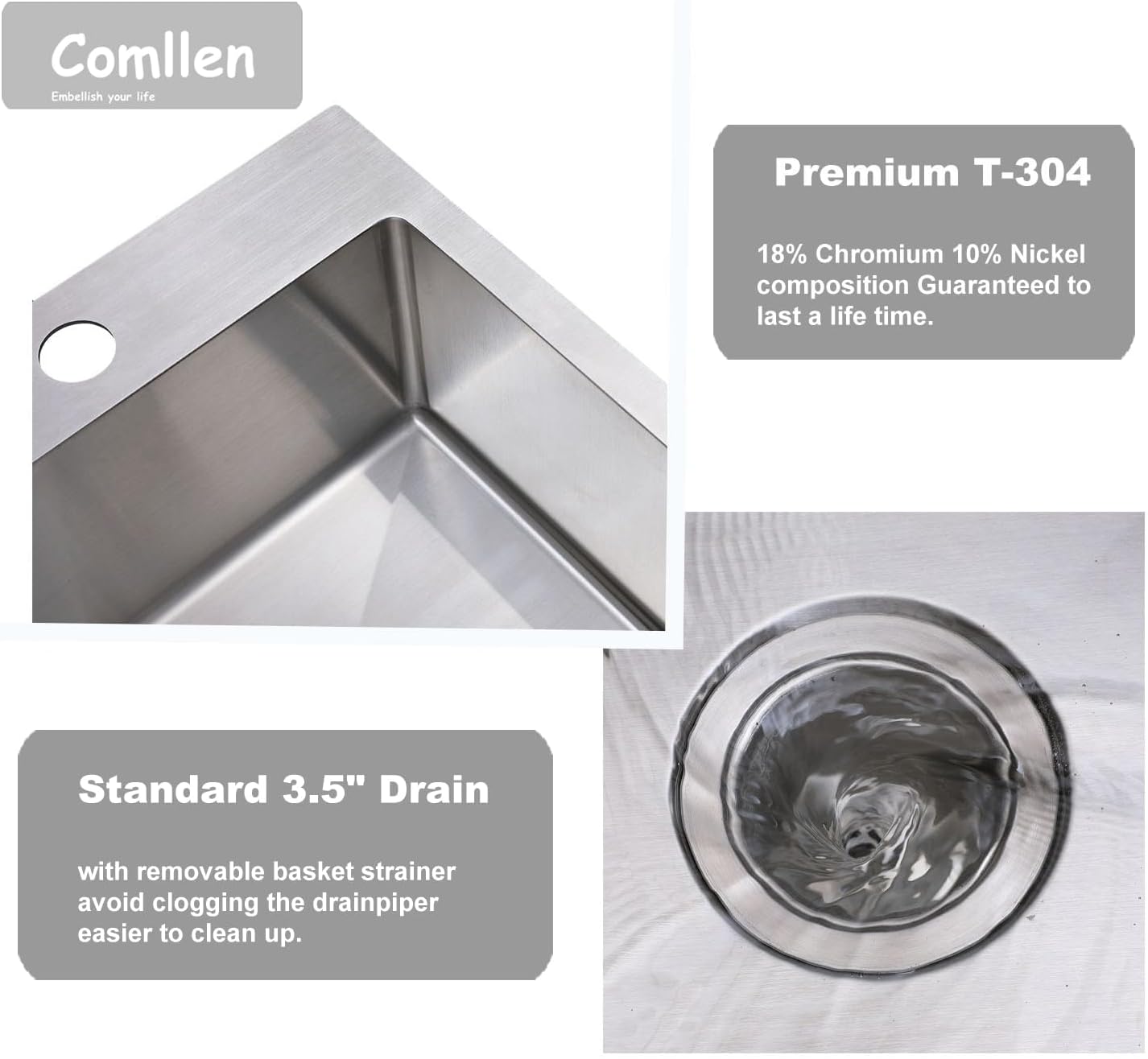 Comllen 15x15 Inch Drop In Bar Sink, Small Kitchen Sinks,18 Gauge Stainless Steel, Top Mount,9 Inch Deep, Single Bowl, Brushed Nickel, Outdoor Bar Sink, RV Kitchen Sink With Bottom Grid & Strainer