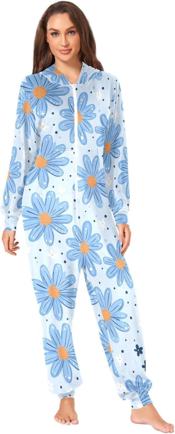 ZZKKO White Blue Daisy Flower Adult Onesie Pajamas for Women Men Cozy One Piece Pajamas Costume Zip-Up Hooded S-XL