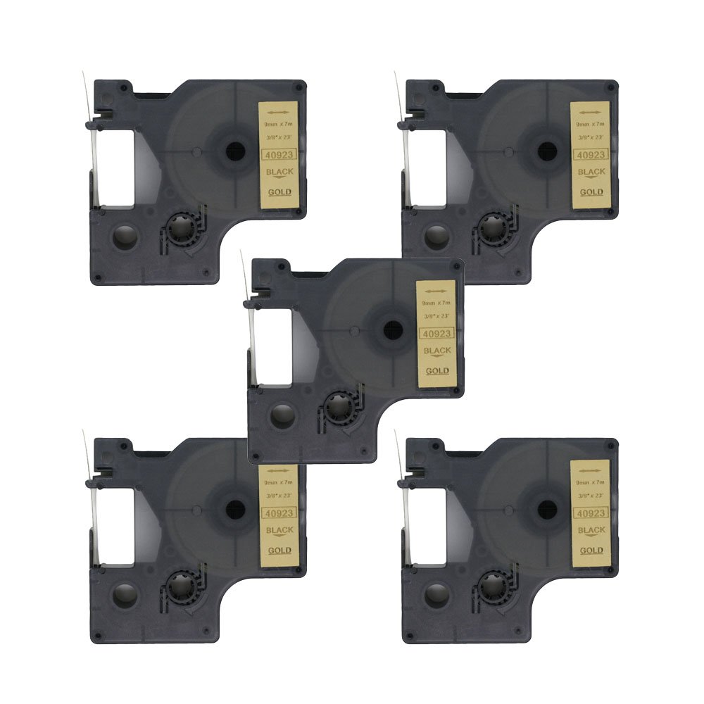 BROVACS 5 Pack Black on Gold Label Tape Compatible for DYMO D1 40923 9mm 3/8" OPA2123x5