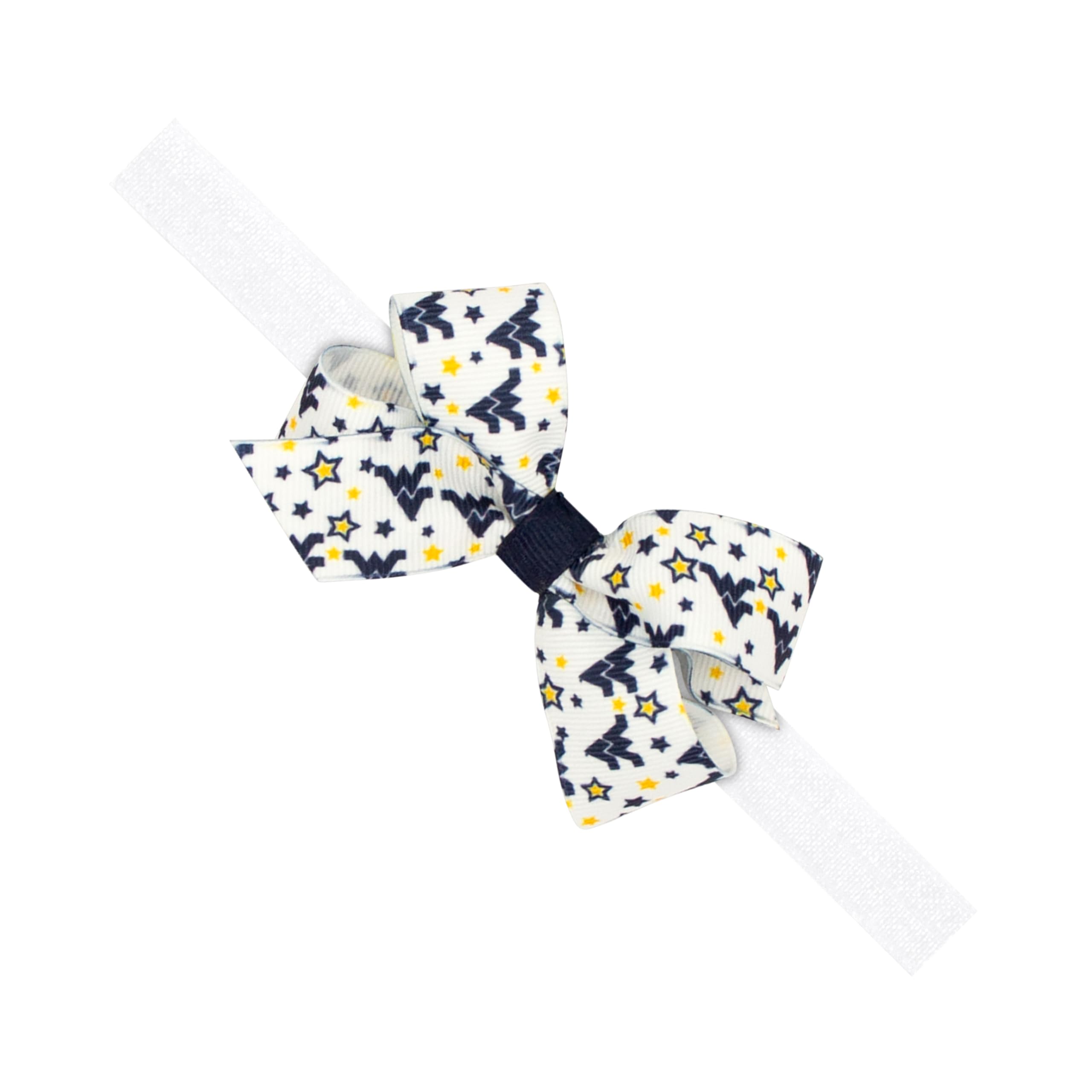 Divine Creations, Girls' Signature Collegiate Logo Print Grosgrain Mini Hair Bow on Elastic Baby Band, One Size, West Virginia Mountaineers