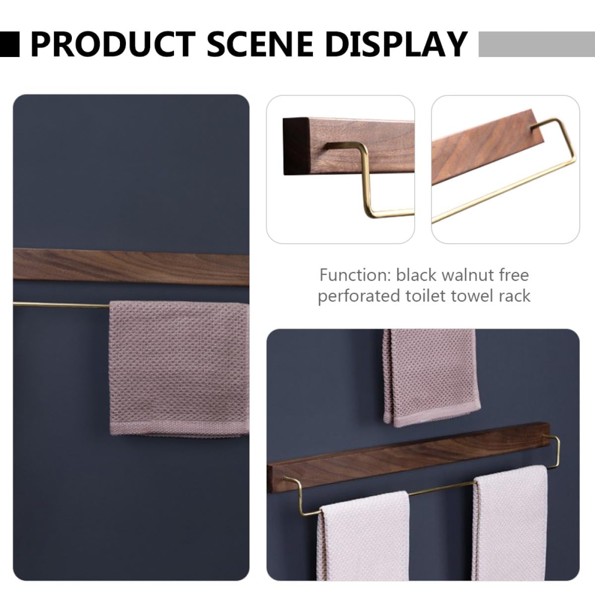 Estante para Toallas de Madera Maciza Nogal Oscuro Función de Almacenamiento, Toallero de Pared Grande para Baño y Cocina sin Taladro