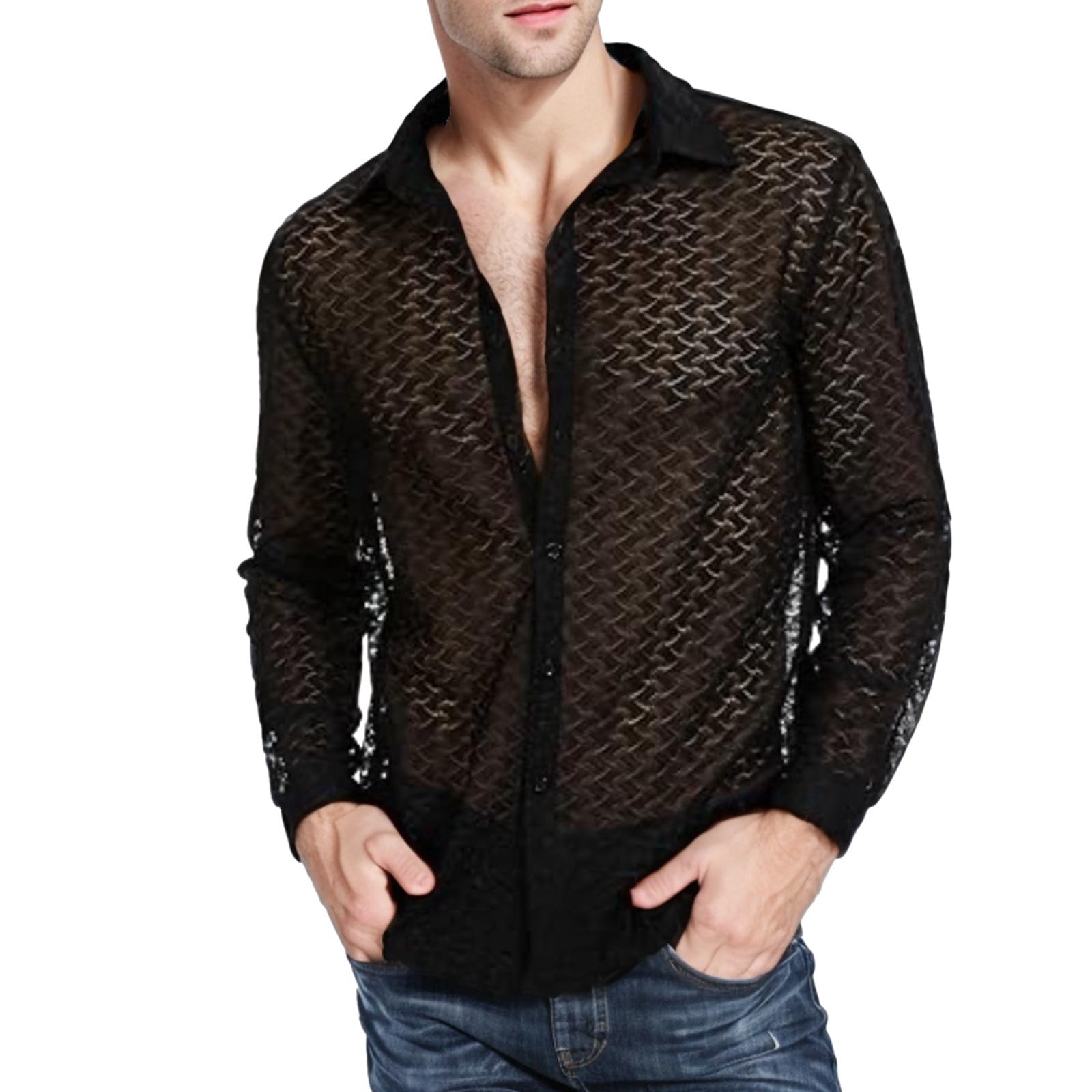 Chemise en maille transparente à fleurs pour homme - Chemise en maille filet sexy boutonnée - Chemise à manches longues - Chemise en maille - Clubwear - Lingerie sexy pour homme