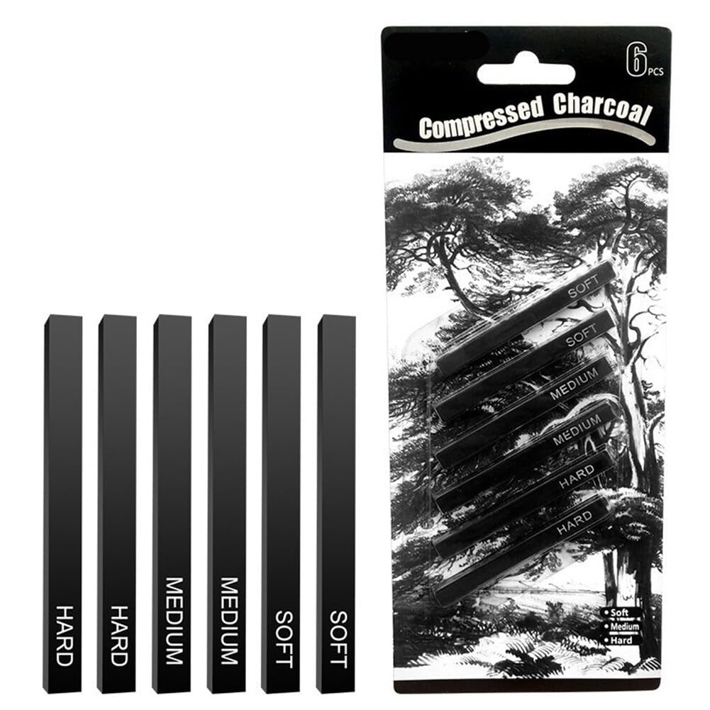 Artist Compressed Charcoal Sticks for Sketching, Drawing, Shading, Soft, Medium, Hard, Art Supplies Sketch Kits Tools, Square Willow Charcoal Sticks, 6-Piece Boxed, Type 1