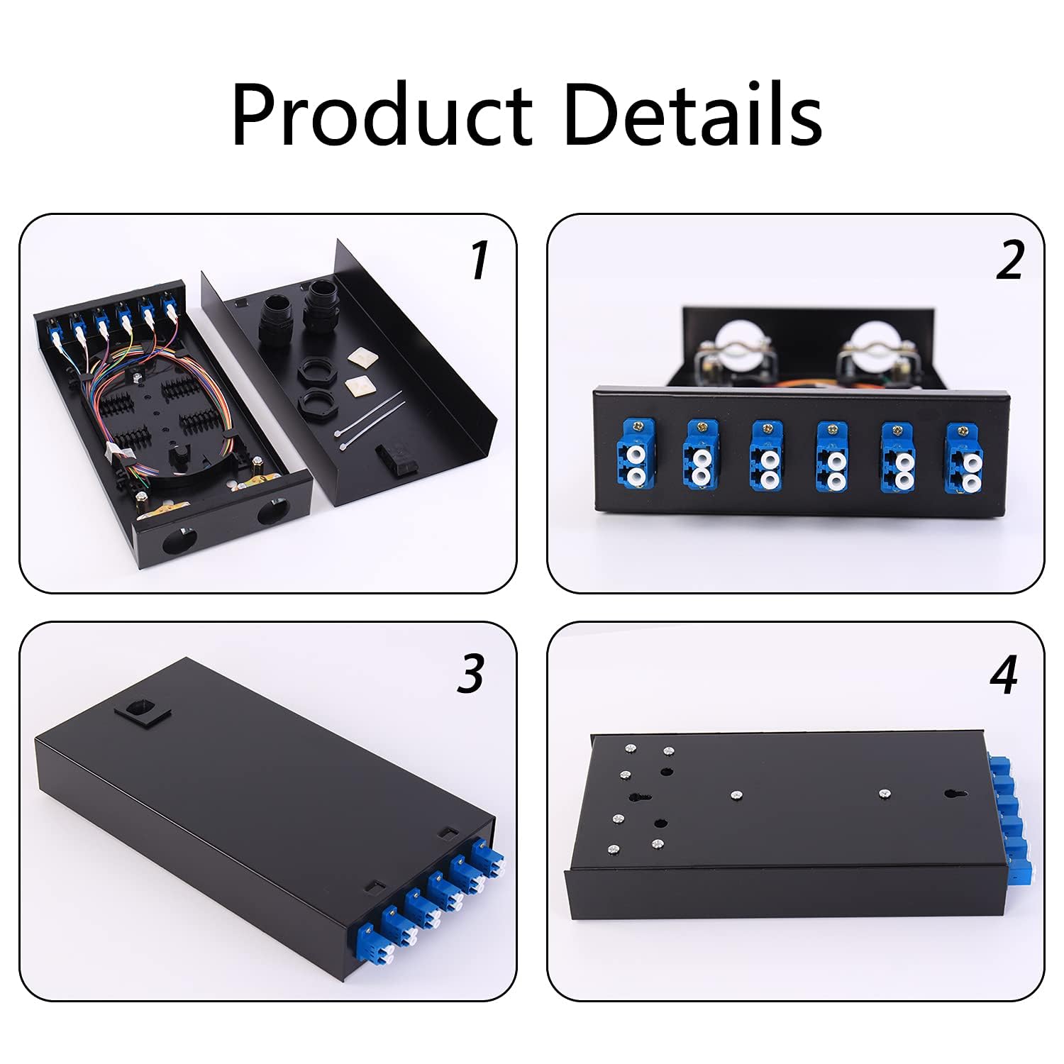 LGX Panel Wall Mount Fiber Enclosure LC-UPC Kit zawiera 6 złączek Duplex LC SM w kartonie z 12 pasmami SingleMode 9/125 szpuli 1M LC Fiber Pigtail do optycznego łączenia fuzyjnego