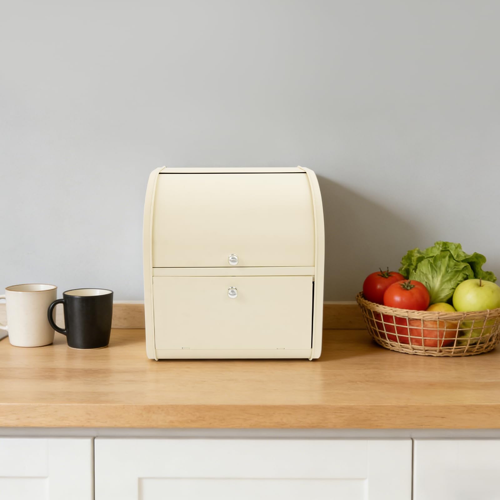 Brotkasten 2 Etagen mit Rolltop Deckel, Metall Brotbox 30x25x33cm (Beige) | Brotbehälter aus Kohlenstoffstahl, 2 Fächer mit Separatem Zugang, Luftdurchlässige Seitenlöcher
