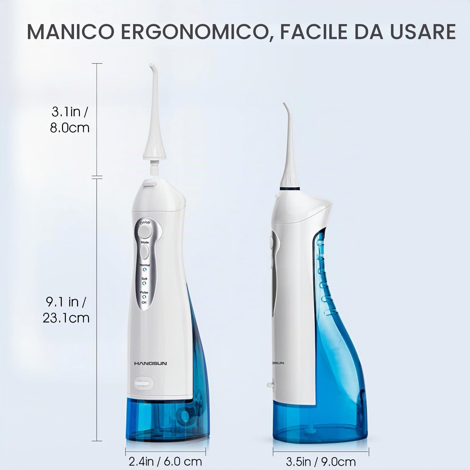 Idropulsore Dentale Portatile con 8 Ugelli Hangsun Irrigatore Dentale, 3 Modalità e Capacità 300ML, USB Ricaricabile per Ortodontico, Famiglia
