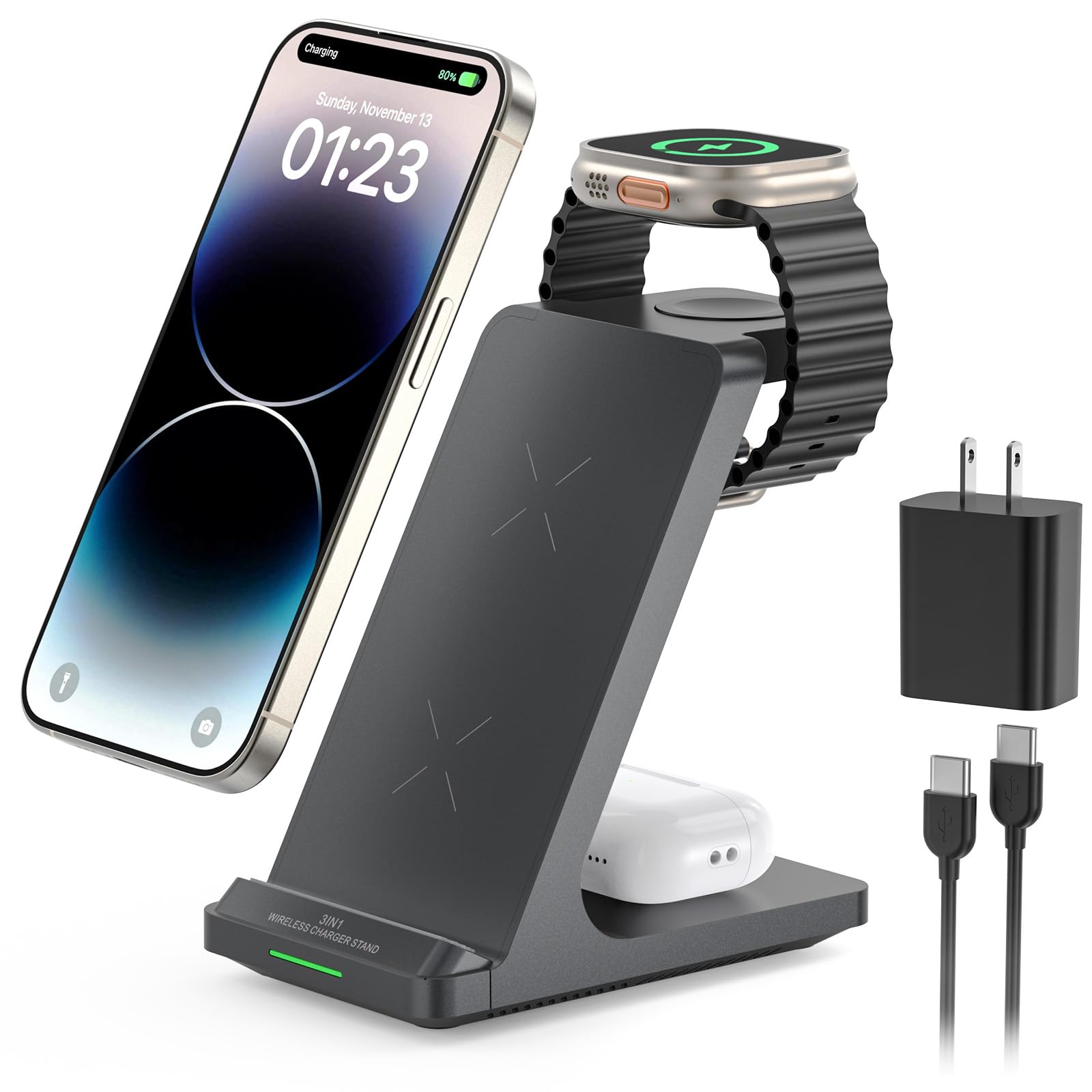 Station de charge sans fil 3 en 1 pour plusieurs appareils Apple Watch Ultra Series 11-1/SE, iPhone 17 16 15 14 13 12 11 Pro Max/Plus/Mini/XS/XR/SE, pour Airpods