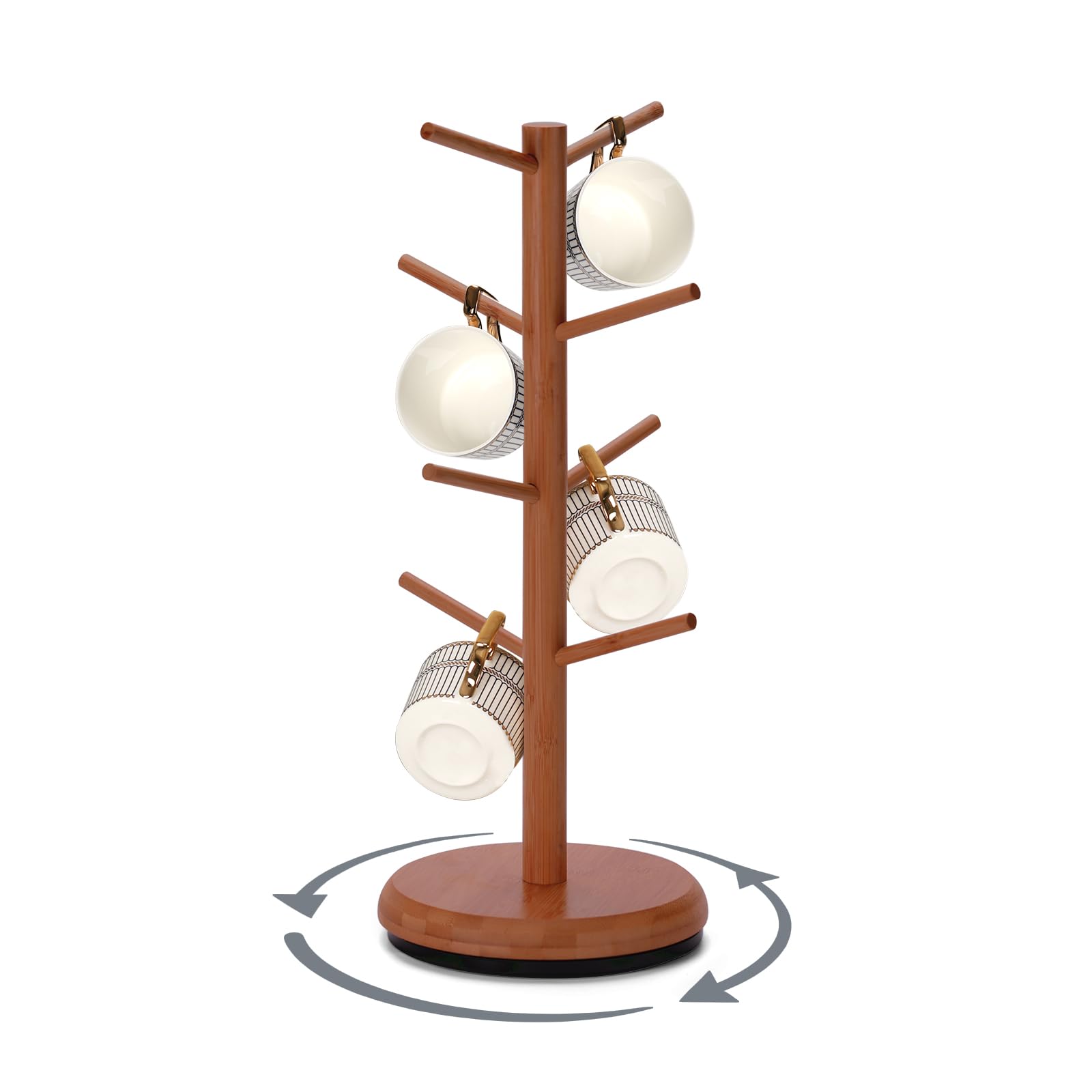 BAMBANG Wooden Mug Tree 8 Mugs Metal Base,Rotating Counter Top Cup Holder Bamboo, Coffee Mug Holders for Kitchen,Mug Stand Rack Hanger Organiser Tea Brown