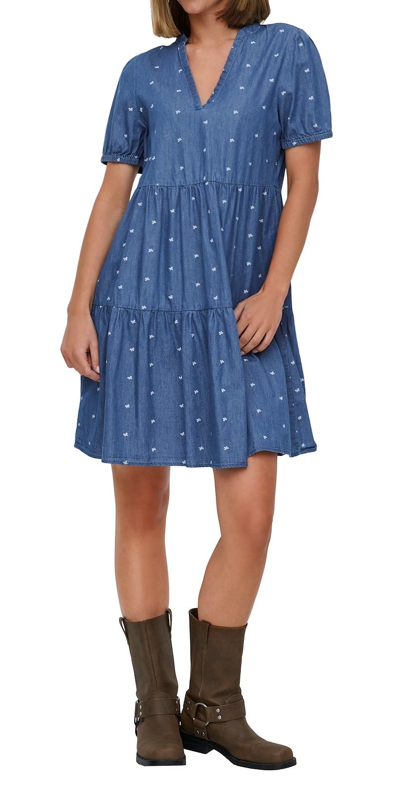 ONLY Damen Kurzarm Jeans Kleid kurzes Denim Sommerkleid mit Schleifen Bestickt Onlnova Azure Thea