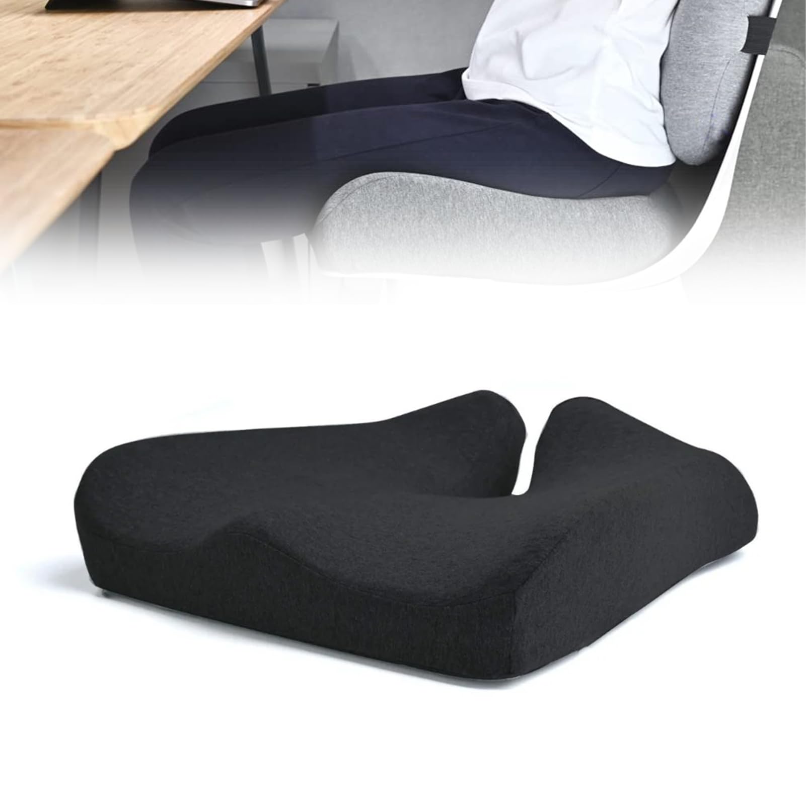 Cojín de asiento de espuma viscoelástica y soporte lumbar, alivio del dolor de coxis y espalda baja, diseño ergonómico, se adapta a cualquier silla, ideal para oficina, coche, hogar, color negro