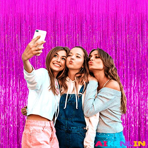 Image of 4 Pack 3.2Ft x 8.2Ft Fuchsia Foil Fringe Curtain Backdrop, Metallic Tinsel Foil Fringe Streamers Curtains Background for Photo Booth, Birthday, Wedding, Disco, Bachelorette, Christmas Party Decoration