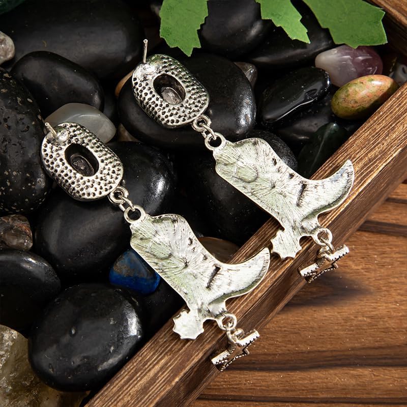 Silver Western Earrings Vintage Silver and Turquoise Western Style Cowboy Hat Boots Cowgirl Country Concert Dangle Earrings Jewelry Accessories for Women - Image 6