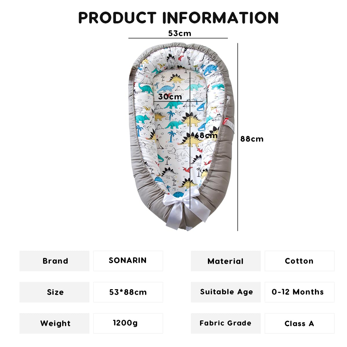 SONARIN Portatile Riduttore Lettino Neonato,88 x 53 cm Baby Nest Nido Neonati Riduttore Culla da Viaggio per Bambini, con100% Cotone Copertura Reversibile Lavabile(Grigio-Dinosauro)