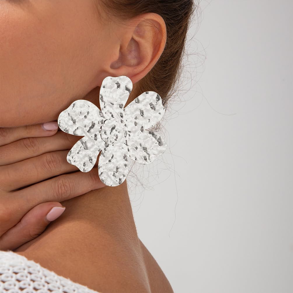 Stylish Gold Hammered Metal Petal Flower Earrings for Women Dainty Statement Silver Floral Flowers Drop Stud Earring Punk Party Holiday Prom Jewelry Gift - Image 3